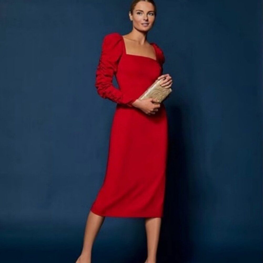 Antonio Melani Cherry Red Francine Square Neck Long Ruched Sleeve Dress Size 6